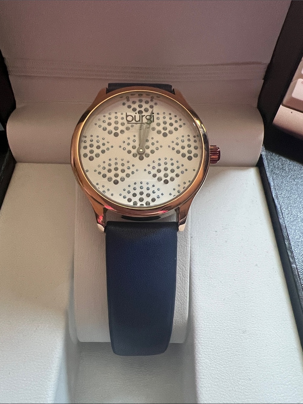 Burgi Women's Navy Strap Watch with Rose Gold Case - Swarovski crystals